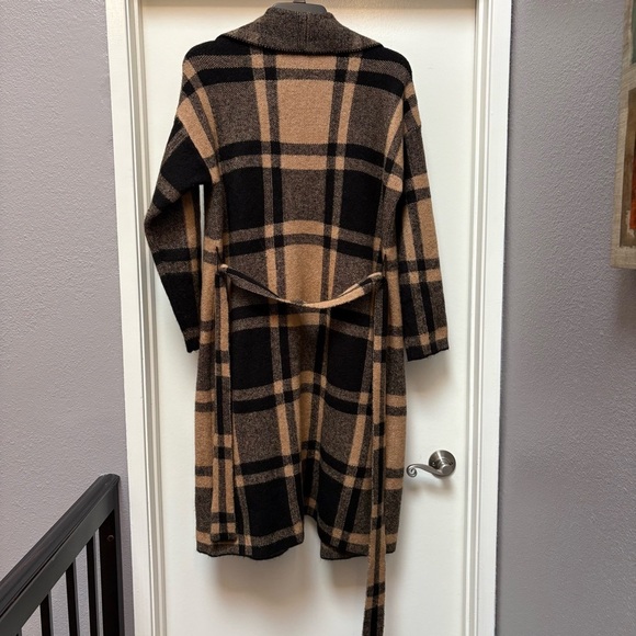 Liz Claiborne Plaid Open Front Cardigan Brown Belted Pockets Cozy Fall Large - Picture 5 of 8